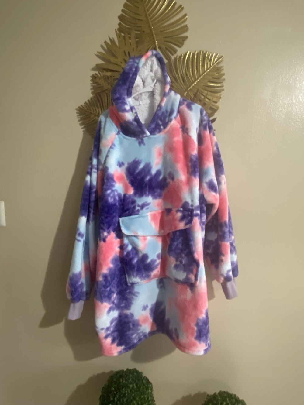 Oversized Tie-Dye Sherpa Hoodie Dress - Pink, Purple & Blue